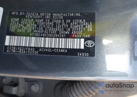 2009 Toyota Camry Le z USA, uszkodzony, nr VIN 4T1BE46K39U284591